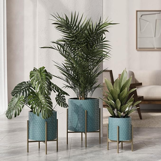 EverNest Mid-Century Modern Rhys Honeycomb Embossed Planter Pot with Loki Gold Stand, Metal Indoor Plant Pots, Blue Green Bohemian Style (Medium 2 Gallon)