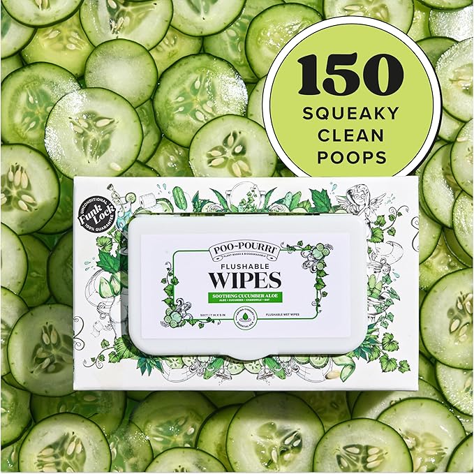 Poo~Pourri Flushable Wipes - Made with Plant Based Fibers, Aloe, & Vitamin E - Adult Wet Wipes - Cucumber & Aloe Essential Oils scent - Septic & Sewer Safe - 3-pack (150 total) with Dispenser Boxes
