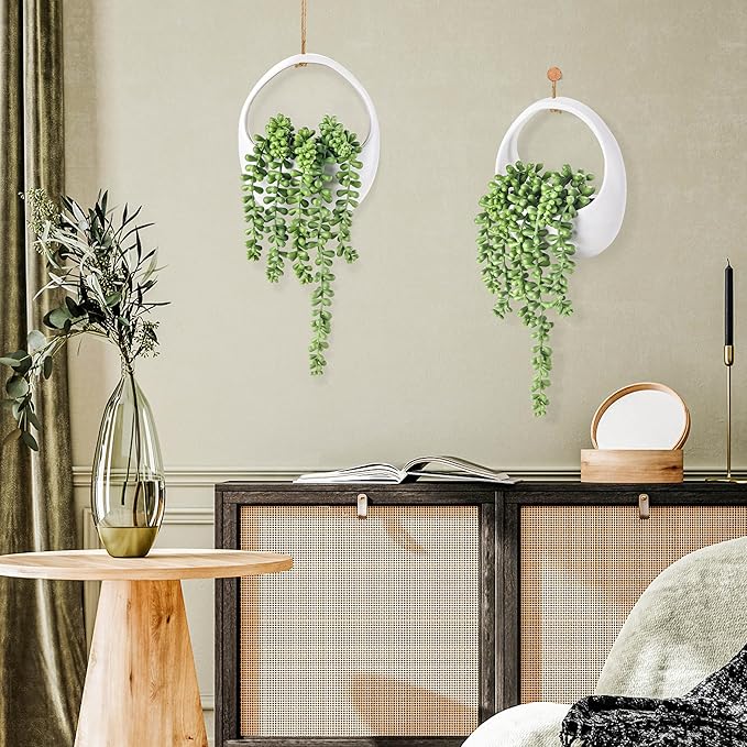 Der Rose 2 Packs Fake Hanging Plants Succulents with Strings Artificial Plants Indoor Outdoor for Boho Wall Decor