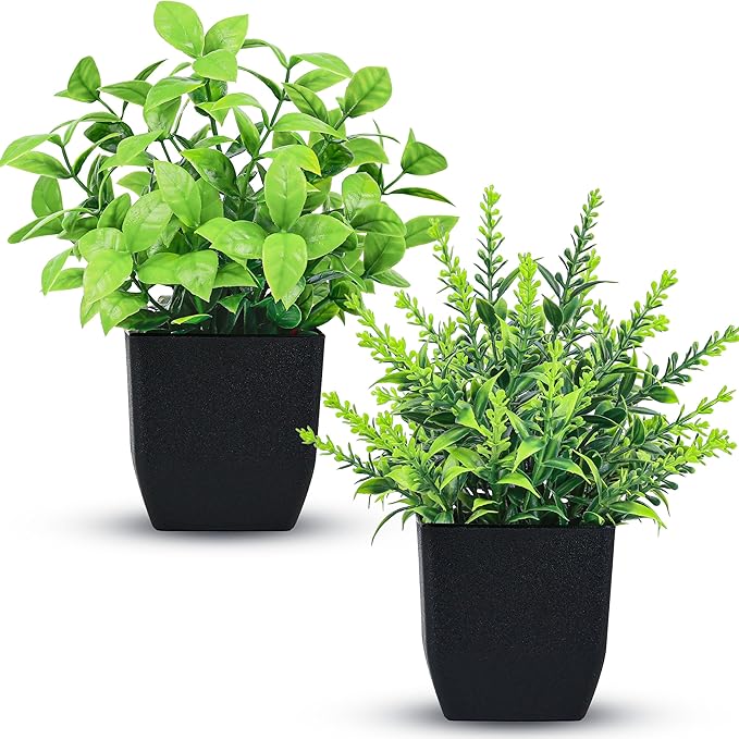 Der Rose 2 Pack Fake Plants Small Faux Artificial Small Potted Plants Indoor Black Bathroom Accessories for Home Office Farmhouse Bathroom Decor