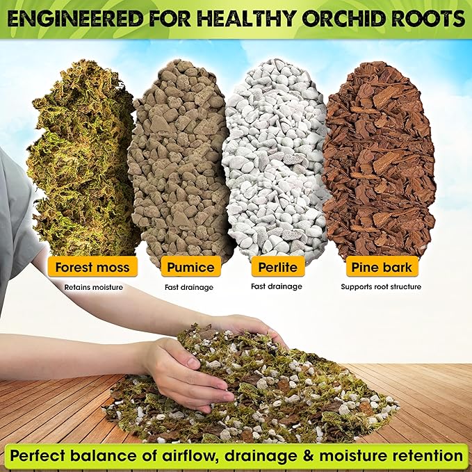 [Upgraded] DUSPRO Orchid Potting Mix for Repotting with Forest Moss, Pine Bark, Perlite & Pumice, Orchid Bark Potting Mix,Orchid Repotting Soil, Drainage Indoor Potting, Orchid Pot Not Included, 4 QT