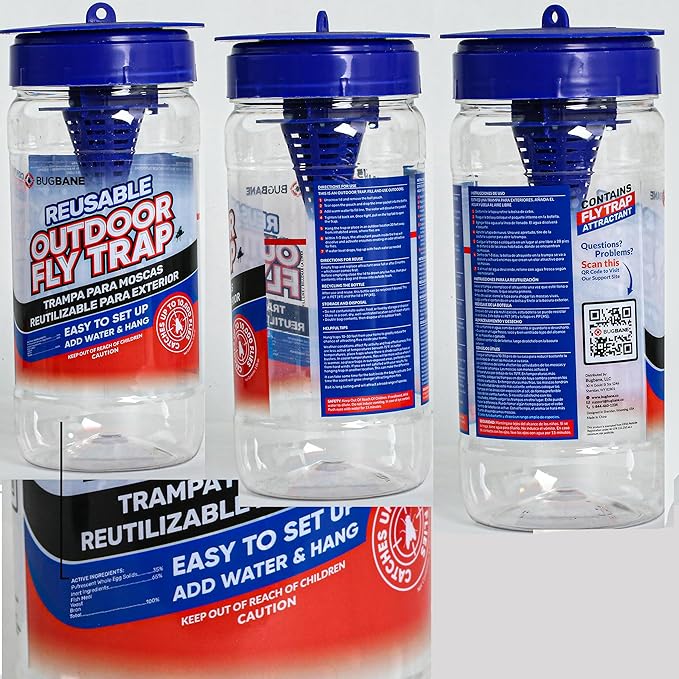 Fly Trap Outdoor Fly Traps for Patio with 2 Non-Toxic Dissolvable Bait Refills. Reusable Hanging Bug Catcher Killer for All Filth Flies for Outside Bug Control Yard Ranch. Hanging Chains Included.