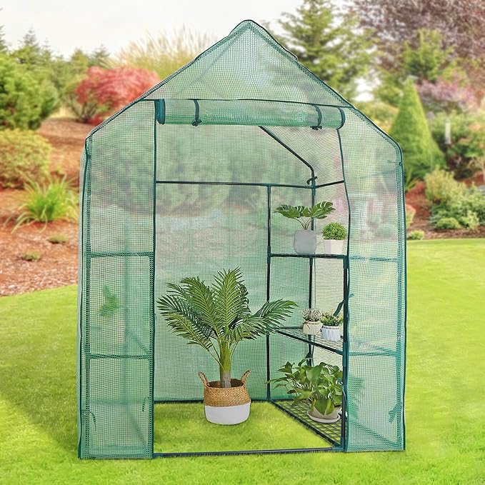 3 Tiers 6 Shelves Walk-in Green House, Portable Greenhouse w/Durable PE Cover, Roll Up Zipper Door, Steel Frame Greenhouse w/ Ground Pegs, Ropes for Garden, Patio, Backyard