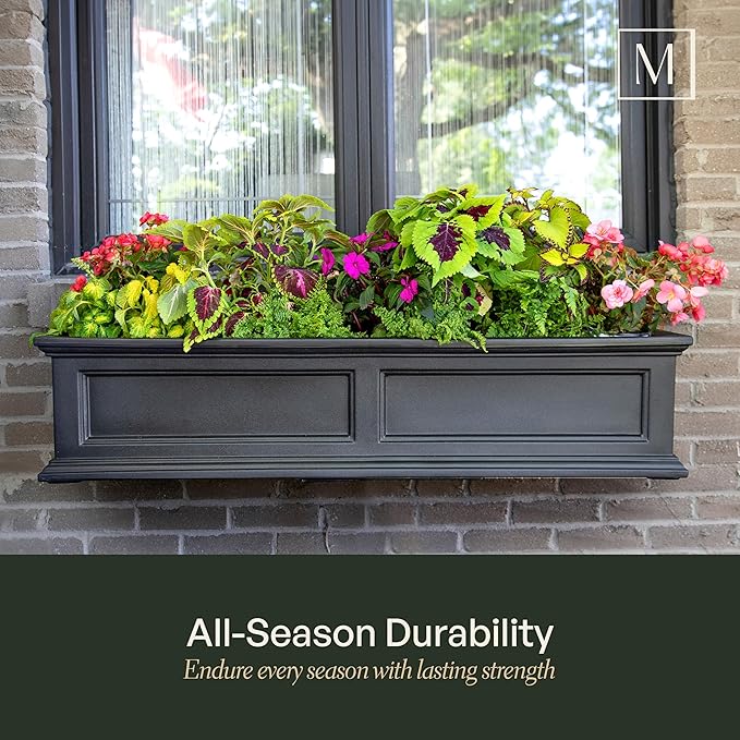 Mayne Fairfield 4ft Window Box, Self Watering Flower Box with Double Wall Design, All Season Fade Resistant Outdoor Window Planter with Steel Mounting Bracket, Graphite Grey