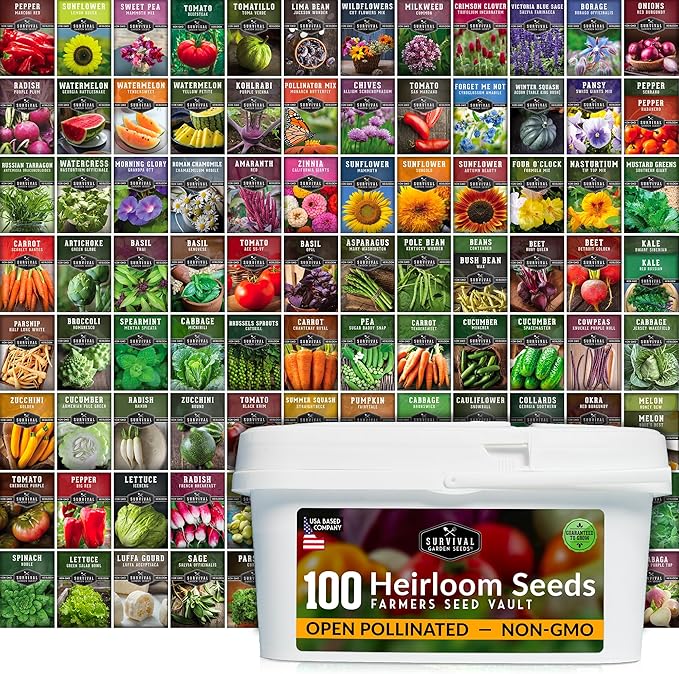 Survival Seed Vault Kit – 100 Packs of Heirloom Vegetable Seeds for Planting – Non-GMO Vegetables, Fruits, Herbs – Farmer Kit to Grow Food for Long-Term Emergency Storage – Survival Garden Seeds