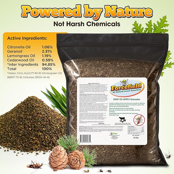 ForceField Natural Mosquito Yard Treatment - Repellent Granules for Backyard Mosquito Control | Pet Safe, DEET-Free Outdoor Control | Long-Lasting Barrier for Lawns, Patios, & Barns 8 LB