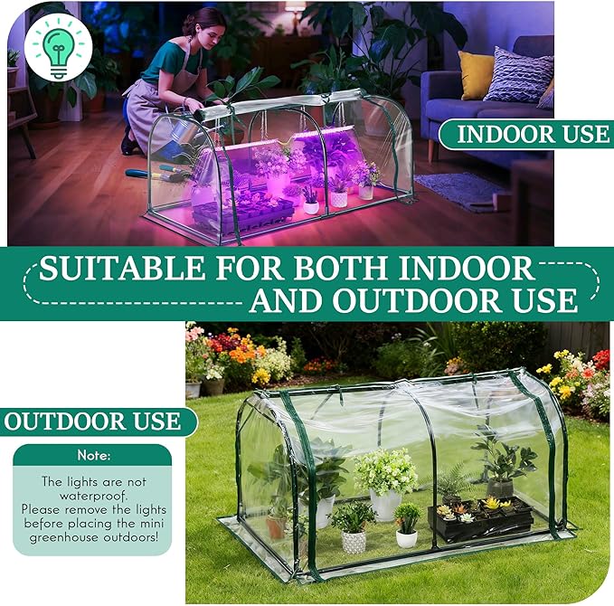 Meonum Mini Greenhouse with Grow Light, 51.18 "L x 25.59" W x 21.65" H Portable Greenhouses Waterproof UV-Resistant for Indoor/Outdoor Seed Starting(Dome Shape)