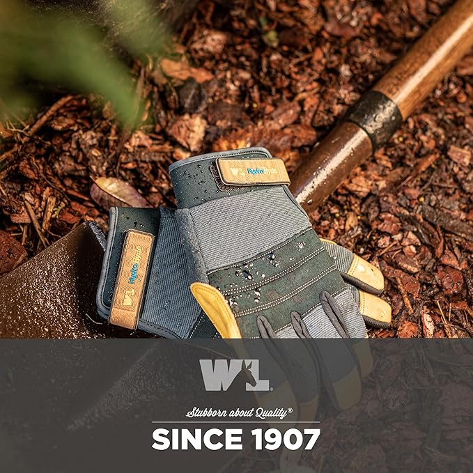 Wells Lamont Men's HydraHyde Work Gloves – Cowhide Leather, Reinforced Fingertips for Durability – Adjustable Velcro Wrist – Ideal for Gardening, Landscaping, Lawn Care – Navy - XL