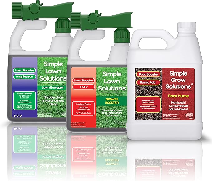 Simple Lawn Solutions Seeding Bundle - Growth Booster Lawn Fertilizer, Root Hume Humic Acid, and Lawn Energizer Nitrogen and Iron (32 Ounce)
