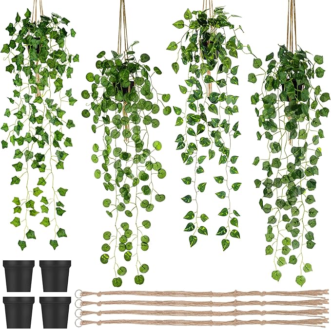 Folmywy 4 Pack Artificial Hanging Plants Vines with Pot Fake Vine Potted Plant Mixed Greenery Leaves Plant Theme Classroom Decoration for Indoor Outdoor Living Room Office Shelf