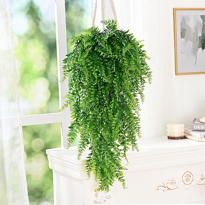 Waipfaru 4Pcs Fake Hanging Plants Artificial Ferns for Outdoors，Fake Ferns UV Resistant Plastic Fake Plants for Indoor Wall Porch Wedding Party Holiday Decor