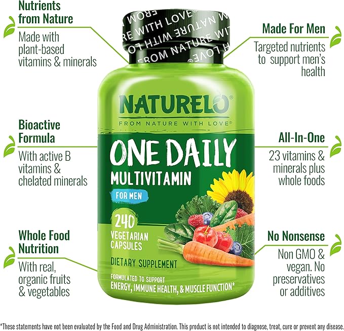 NATURELO Mens Multivitamins - One Daily Multivitamin for Men with Vitamins, Minerals & Organic Whole Foods, Boost Energy & Health, Non-GMO, 240 Vegetarian Capsules (Pack of 2)