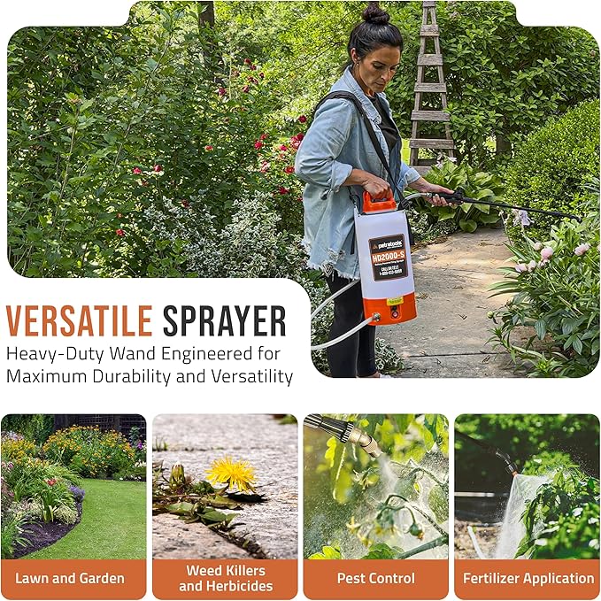 PetraTools Battery Powered Sprayer 2 Gallon - HD2000-S - Heavy Duty Electric Sprayer for Lawn and Garden Weed/Pest Control, Watering - with Battery, Charger & 2 Nozzles (2 Gallon)