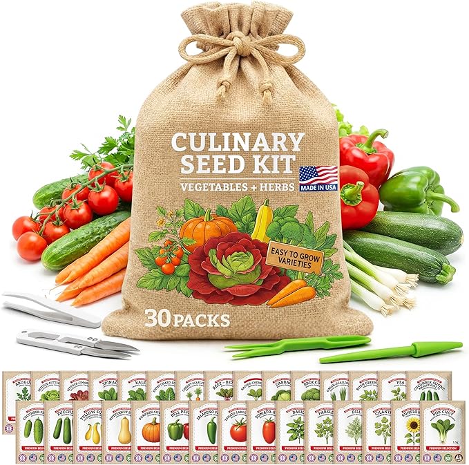 Culinary Vegetable & Herb Seeds Variety Pack - 30 Heirloom Non-GMO Garden Seeds for Planting, Seed Kit with Tools, Made in USA