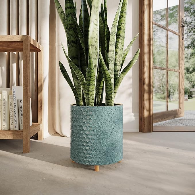EverNest Rhys Blue-Green Modern Honeycomb Pattern Indoor Planter with Wooden Stand, 8-Inch Plant Pot, SelectBase, Mid-Century Modern Home Decor Planters (Small, 1 Gallon)