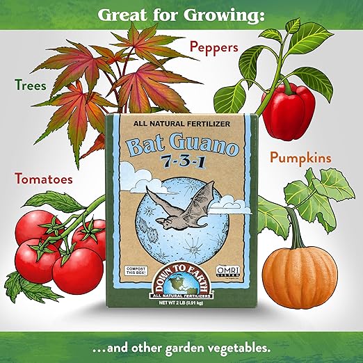 Down To Earth All Natural Fertilizers Organic Bat Guano - High Nitrogen Plant Food for Vegetative Growth 7-3-1, 2 lb