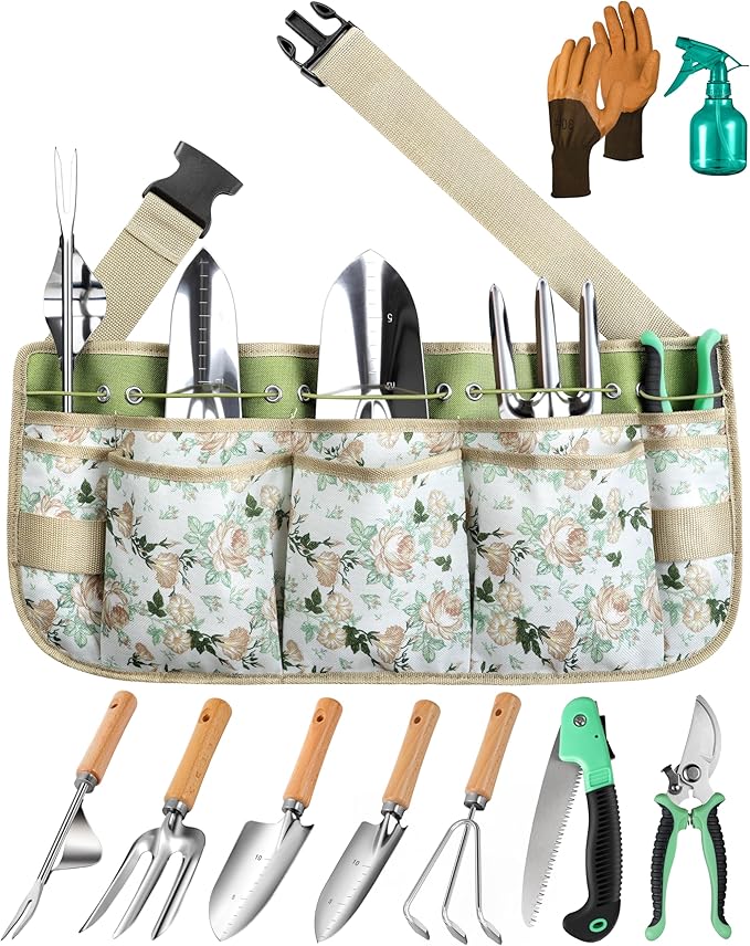 Grenebo All-in-One Garden Tool Set with Tools Organizer Belt Adjustable, 10-Piece Gardening Hand Tools, Long Lasting Rust-Proof Premium Garden Tool Kit, Gardening Gift for Women Men (Green)