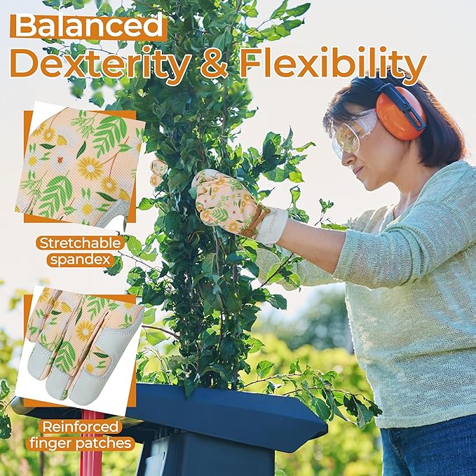 HANDLANDY Work Gloves for Women, Breathable Leather Gardening Glove for Yard Maintenance, Hand Protection with Touch Screen