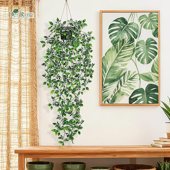 Der Rose 34'' Fake Plants Hanging Artificial Potted Plants Indoor and Outdoor for Home Bathroom Wall Shelf Office Decor (1Pack)