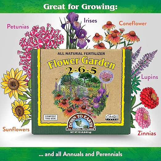 Down To Earth All Natural Fertilizers Organic Flower Garden - Plant Food for Blooming Annuals, Perennials and Flowering Shrubs 2-6-5, 15 lb