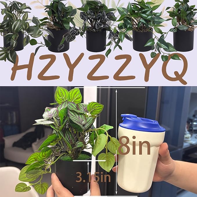 6 Pack Artificial Potted Plants - Fake Trailing Greenery with Unique Variegated/Striped/Dark-Veined Leaves - Small Faux Plants for Desk, Bathroom, Shelf Decor - No Watering Needed