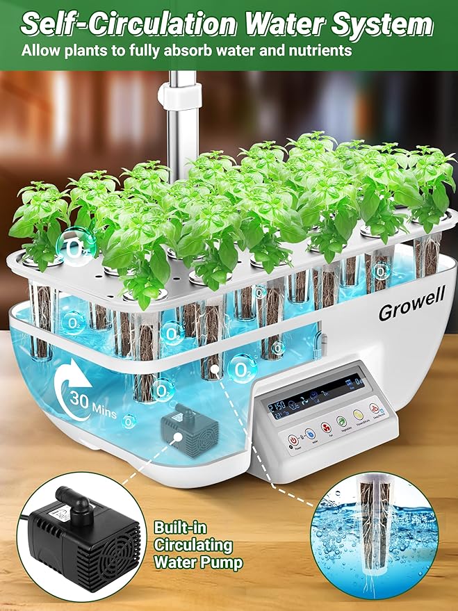 Growell Hydroponics Growing System Kit, 17 Pods Herb Garden with 102 28W Full-Spectrum Grow Lights & 2 Fans, Indoor Garden with Water Pump, 10L Water Tank, Auto Timer, Height Adjustable (White & Grey)