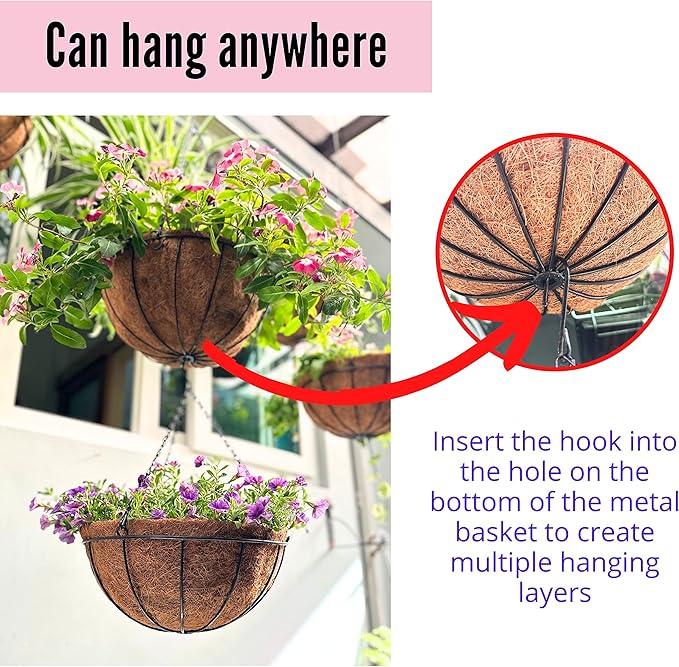 LaLaGreen Hanging Baskets for Plants Outdoor (4 Pack, 8 Inch) Hanging Planters Outdoor with Coco Liner, Small Round Flower Pots with Hanger Metal Wire Holder Deck Patio Porch Garden Balcony Decor