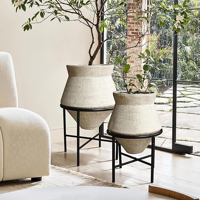LuxenHome Planters for Indoor Plants, Set of 2 Indoor Plant Pots, Decorative Metal Planters with Stands, Distressed Cachepot Large Floor Flower Pot for Home Office, 13" & 16" Diameter, Sand Beige