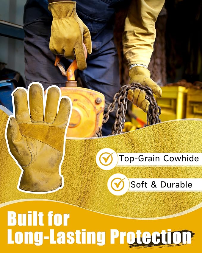 DULFINE Cowhide Leather Work Gloves for Men & Women, Reinforced Durable Gardening Gloves, Puncture & Cut Resistant