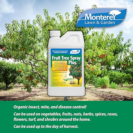 Monterey Fruit Tree Spray Plus for Control of Insects, Diseases, and Mites - Organic Gardening OMRI Listed, Contains Neem Oil and Pyrethrins, Bundled with Garden Measure Spoon - 32 oz