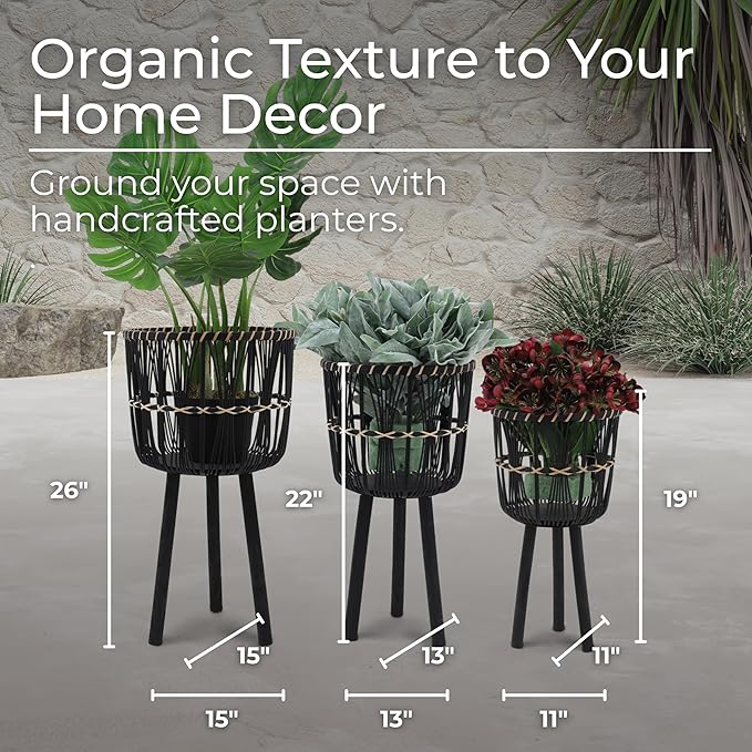 Set of 3 Woven Basket Decorative Planter Pot – Bamboo & Pine Wood Outdoor & Indoor Plant Pot – Modern Boho Garden and Home Decor Planters – 19", 23", & 26", Black
