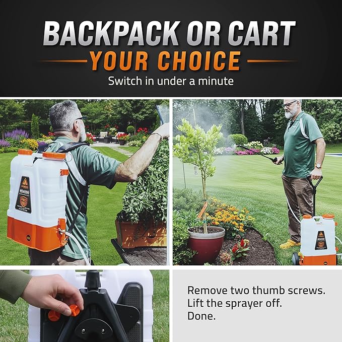 PetraTools Battery Powered Backpack Sprayer 4 Gallon - 8 Hours Long Battery Life & Padded Straps for Comfort - HD4000 Electric Backpack Garden Sprayer with 9 Spray Nozzles (HD4000 ProSeries with Cart)
