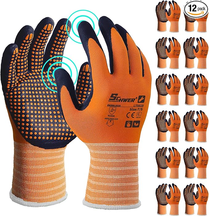 Schwer 12 Pairs Safety Work Gloves MicroFoam Nitrile Coated, Certified Level 6 Abrasion & A1 Cut Resistant Working Gloves with MicroDot Grip, Touchscreen, Used for General Work, Gardening, LT5619, S