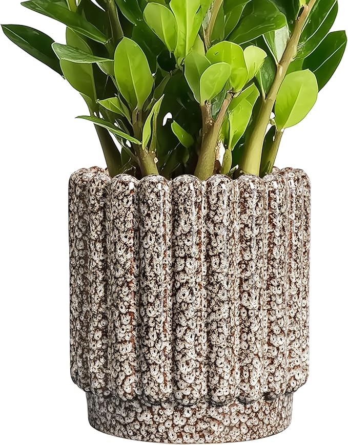 Ceramicfor Ceramic Plant Pots - 7.6 Inch Ceramic Planters with Drainage Hole, Fluted Round Planter for Indoor Plants, Decorative Flower Pots Outdoor, Desk Decor, Garden Gifts, Leopard Print White