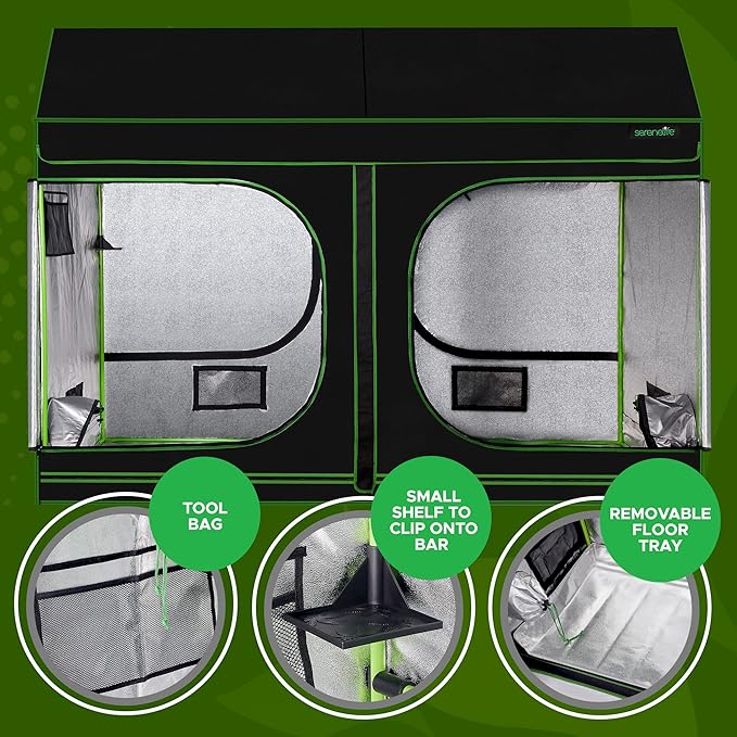 SereneLife Extra Large Hydroponic Growing System 8ft x 4ft x 6.67ft Indoor with Reflective Mylar,Observation Window,Removable Floor Tray,Pole Shelf for Plant Garden in a Grow Tent