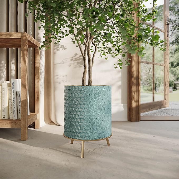 EverNest Mid-Century Modern Rhys Honeycomb Embossed Planter Pot with Nyra Gold Stand, Metal Indoor Plant Pots, Blue Green Bohemian Style (Small 1 Gallon)
