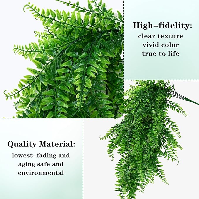 Waipfaru 4Pcs Fake Hanging Plants Artificial Ferns for Outdoors，Fake Ferns UV Resistant Plastic Fake Plants for Indoor Wall Porch Wedding Party Holiday Decor