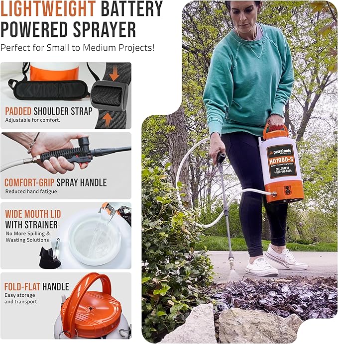 PetraTools Battery Powered Sprayer 1 Gallon - HD1000-S - Heavy Duty Electric Sprayers in Lawn and Garden for Weed/Pest Control, Watering & More - with 8 Nozzles & Strap (1 Gallon ProKit)