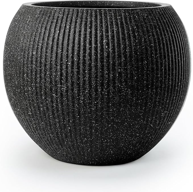 DTY Mt Sherman 21.1'' D x 16.7'' H (Pot Opening 14.6") Fiberstone Round Planter with Drainage Hole, Smooth Finishes, Weather Resistant for Indoor and Outdoor, 2 Extra Coco Mats - Ribbed Black, Large