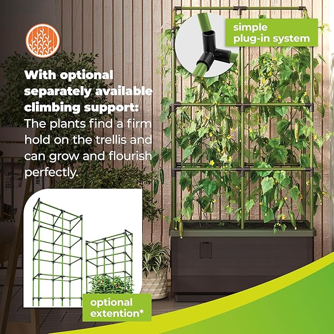 BioGreen Raised Garden Bed with Trellis CITY JUNGLE | 8.98 gal | 13“L x 24“W x 63.4“H | Integrated Irrigation System | Grey Self-Watering Planter Box