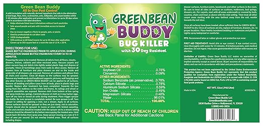 Green Bean Buddy Bed Bug Killer That Works, Roach Killer, Flea and Tick Killer, Beetle, Mite Spray with Residual Protection, Child & Pet Friendly, 32oz