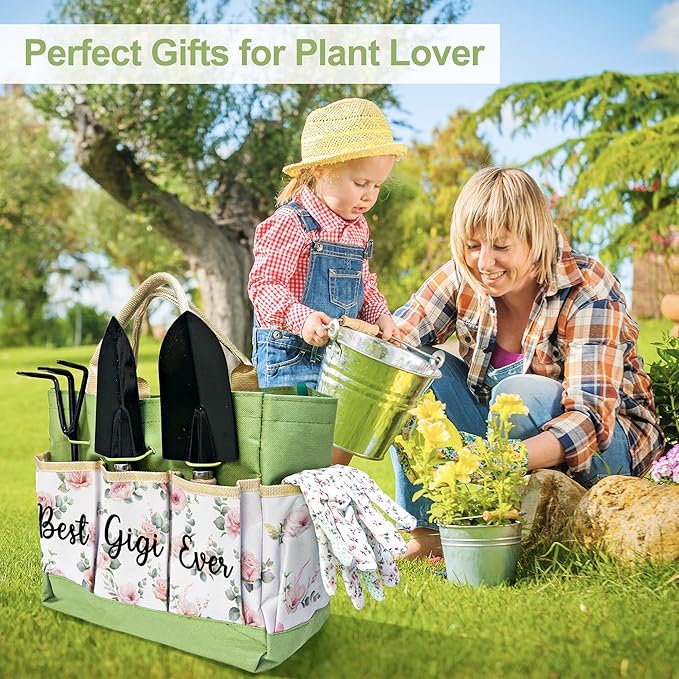 Gifts for Gigi Mothers Day, Gardening Kit Gigi Gifts from Grandkids Floral Gardening Tools and Durable Garden Tools Organizer Tote, Ideal Gardening Gift for Women on Birthday Plant Lover Present