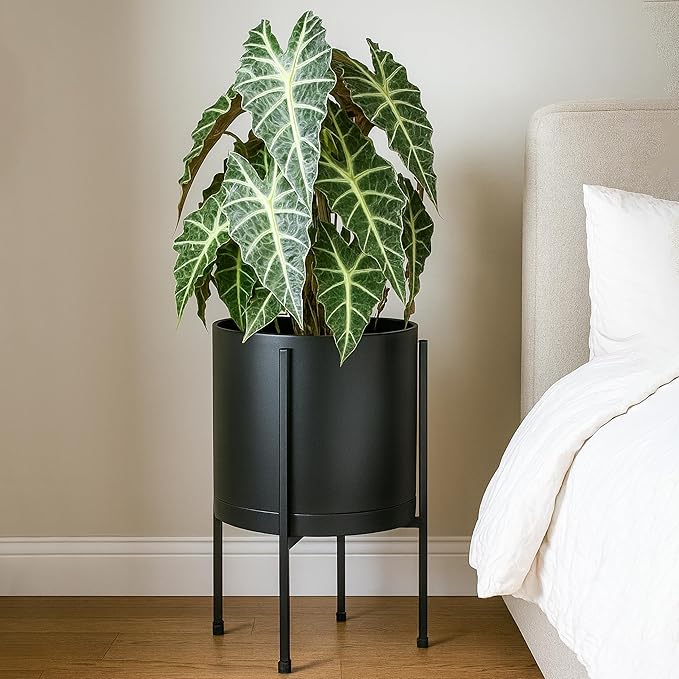 D'vine Dev 12 Inch Black Planter Pot with Stand – Modern Plastic Cylinder Flower Pot with Heavy-Duty Metal Stand for Indoor Plants, 55-D-B-3