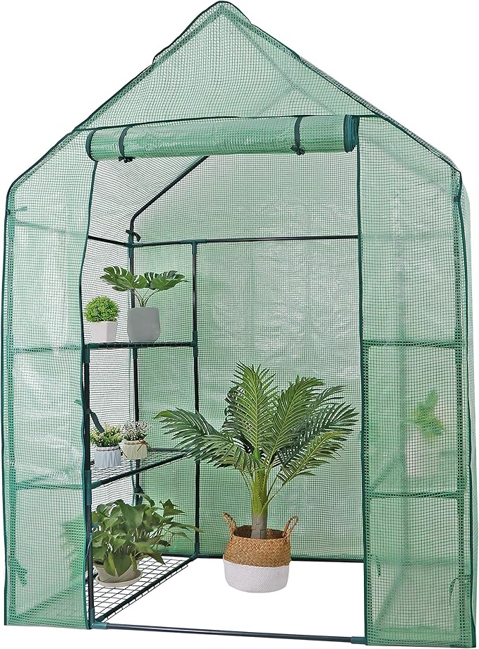 3 Tiers 6 Shelves Walk-in Green House, Portable Greenhouse w/Durable PE Cover, Roll Up Zipper Door, Steel Frame Greenhouse w/ Ground Pegs, Ropes for Garden, Patio, Backyard