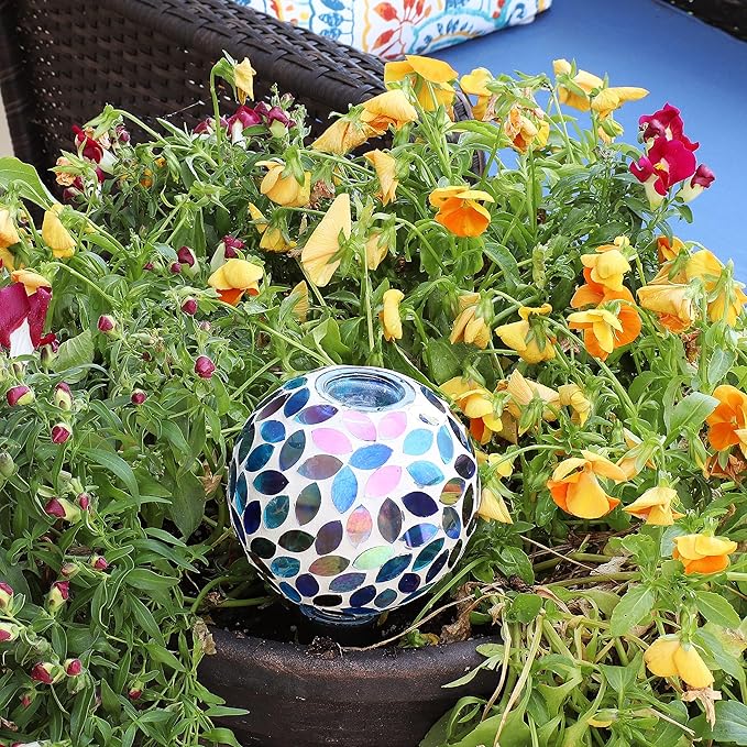 Sunnydaze Mosaic Glass Plant Watering Globe with Clay Spike - Decorative Self-Watering Planter Insert - Water Dripper for Plants - 9.5" - Spring Petals