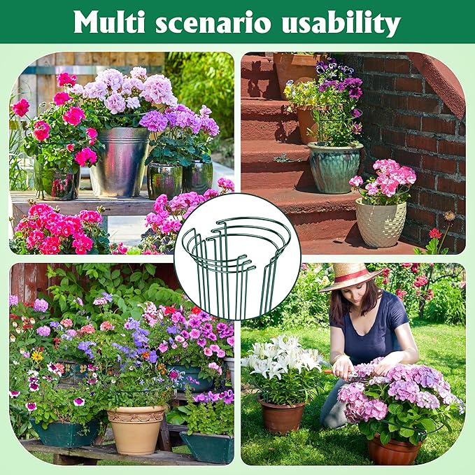 EWPJDK Plant Supports Stakes 6PCS, Half Round Metal Garden Stakes Plant Support for Peony Cages and Supports,Green Plant Support Ring Border for Outdoor Indoor Plants (10" W x 16" H, 6 PCS)