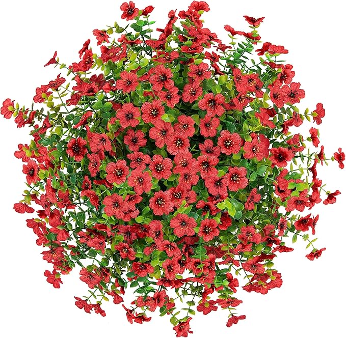 HyeFlora Artificial Fake Hanging Red Plants Flowers Basket for Outdoor, Faux Silk Daisy Mums Look Real UV Resistant for Outside Porch Home Patio Garden Yard Decoration