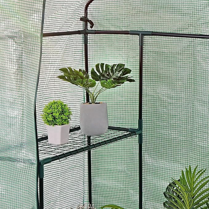 3 Tiers 6 Shelves Walk-in Green House, Portable Greenhouse w/Durable PE Cover, Roll Up Zipper Door, Steel Frame Greenhouse w/ Ground Pegs, Ropes for Garden, Patio, Backyard