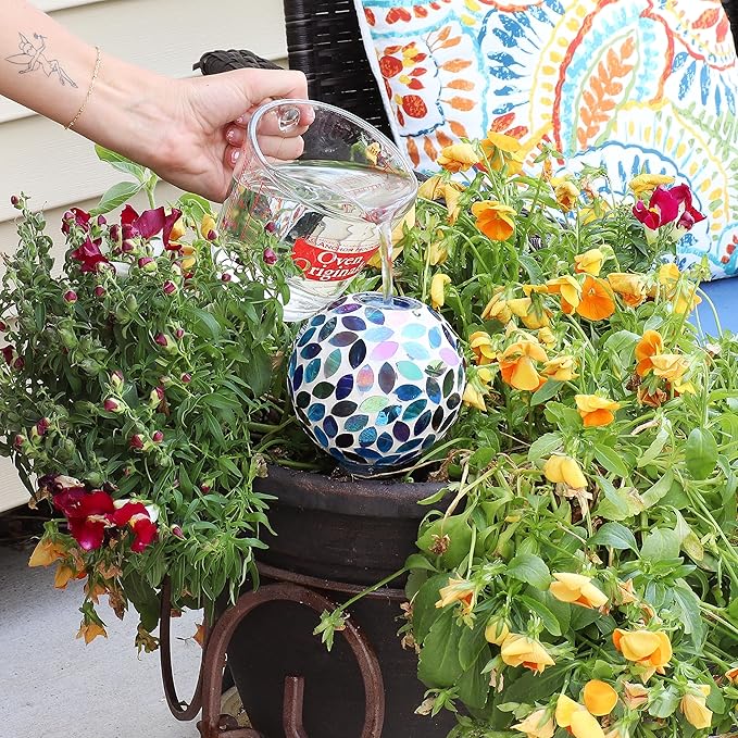 Sunnydaze Mosaic Glass Plant Watering Globe with Clay Spike - Decorative Self-Watering Planter Insert - Water Dripper for Plants - 9.5" - Spring Petals